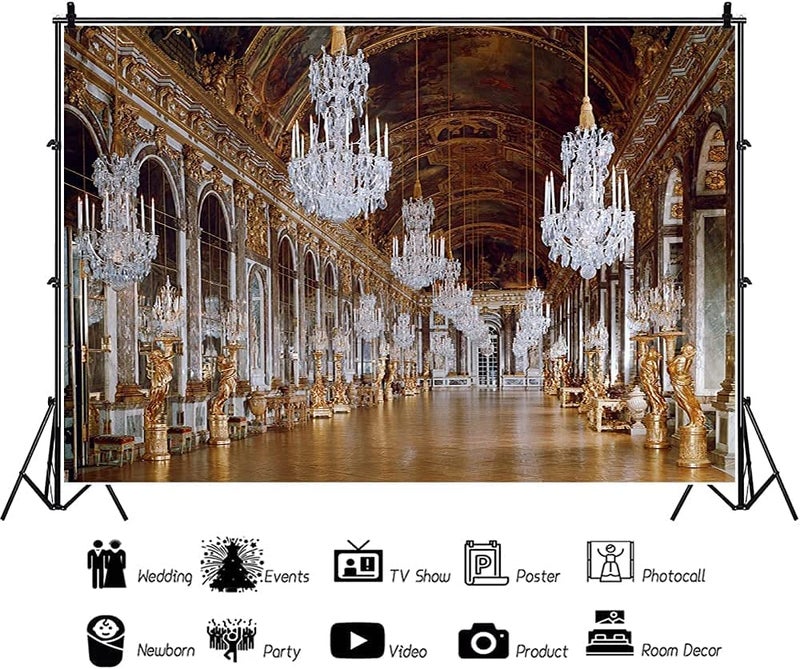 AOFOTO 7x5ft Versailles Palace Mirror Gallery Background Luxury Chandelier Photography Backdrop Sculpture Retro Ceiling Mural Wedding Lovers Adult Portrait Vintage Photo Studio Props Wallpaper - Image 2